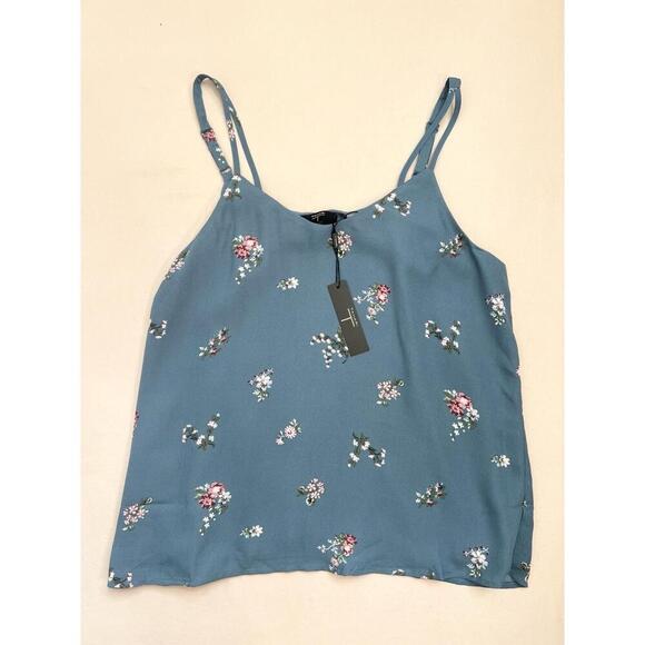 T TAHARI Camisole Blouse Size S Slate Blue Floral Print Spaghetti Strap Top - Picture 2 of 8